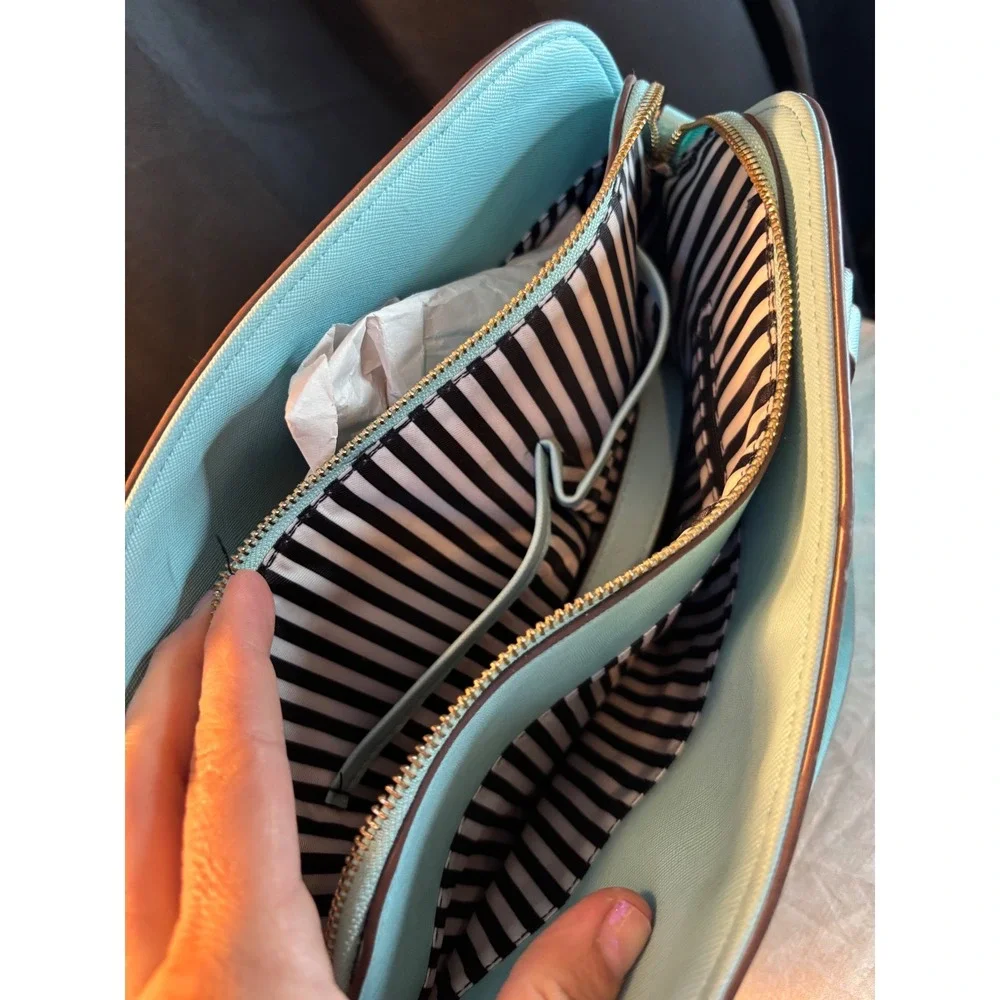 Blue Saffiano Dome Satchel Bag with Gold Heart Detail and Striped Lining